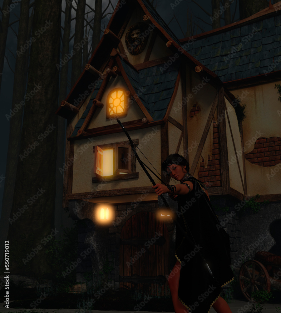 A woman archer in the foggy forest in front of a vintage country house at night with creepy trees. Fantasy world.