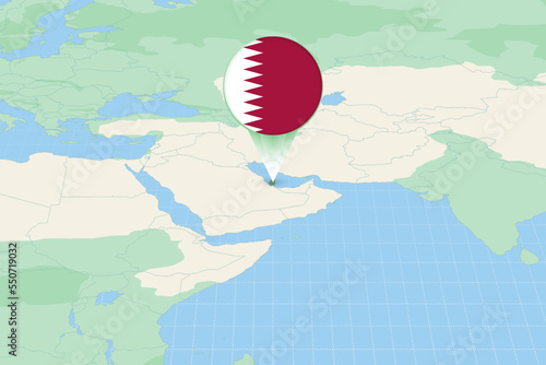 Map illustration of Qatar with the flag. Cartographic illustration of Qatar and neighboring countries.