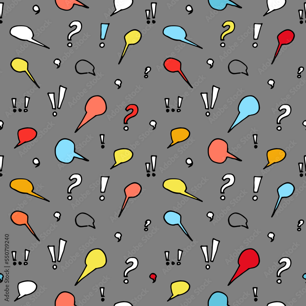 Pattern of dialogue boxes and grammatical signs. Abstract communication. Colored seamless vector image on a gray background. Pattern of dialogue boxes and grammatical signs. Abstract communication. Colored seamless vector image on a gray background.