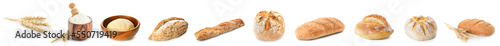 Collection of crunchy loaves of bread with wheat spikelets, fresh flour and dough on white background