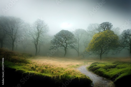 A moody, ethereal lush woodland forest and twisted oak tree in atmospheric misty fog at Ravelston Woods in Edinburgh, Scotland. photo