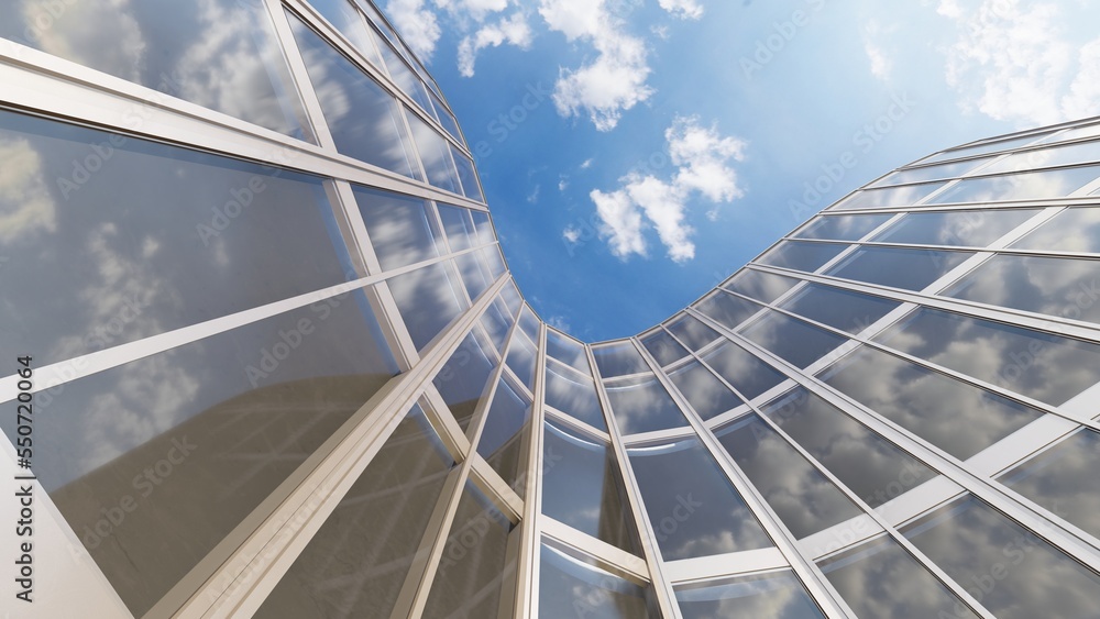 Obraz premium Architecture background facade of modern skyscrapers made of glass and metal 3d render