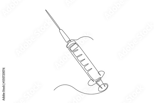 Single one line drawing medical syringe. The Syringe is filled with a vaccine solution. Medical equipment concept. Continuous line draw design graphic vector illustration.