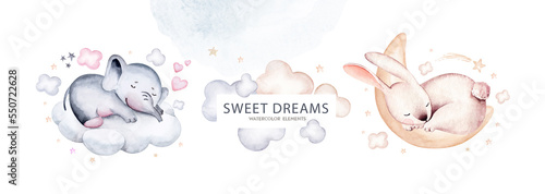 Watercolor elephant animal illustration of a cute baby sleeping rabbit and bunny on the moon and the cloud. Baby Shower fox nursery Theme Invitation