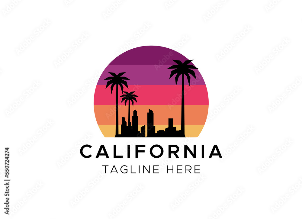 Retro sunsets in the style of the 80s and 90s. Abstract background with a sunny gradient. Silhouettes of palm trees. Vector design template for logo, badges