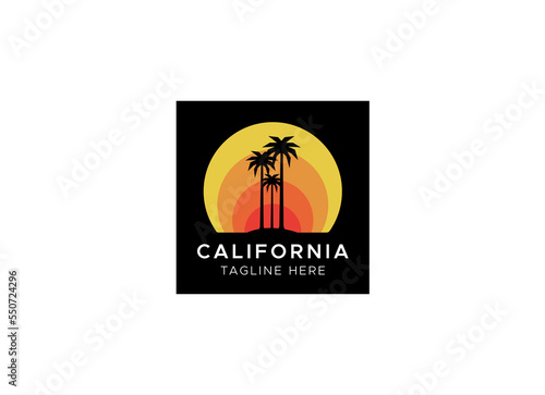 Retro sunsets in the style of the 80s and 90s. Abstract background with a sunny gradient. Silhouettes of palm trees. Vector design template for logo, badges