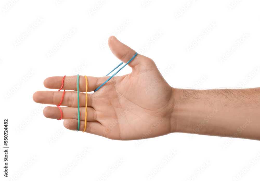 Man with rubber bands on white background Man with rubber bands on white background