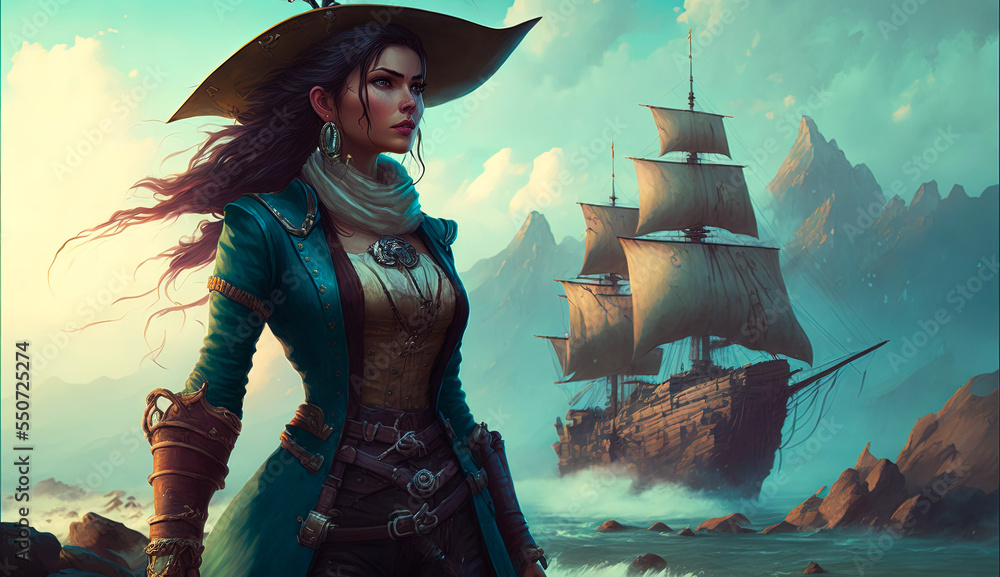 Ilustrace „Fantasy pirate ship sailing on the sea near the beach, digital  concept art. Fantasy digital art, strong color.“ ze služby Stock | Adobe  Stock