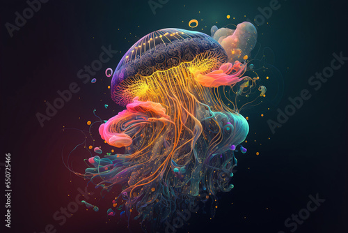 Fotografia Lovely iridescent jellyfish floating, 3D illustration