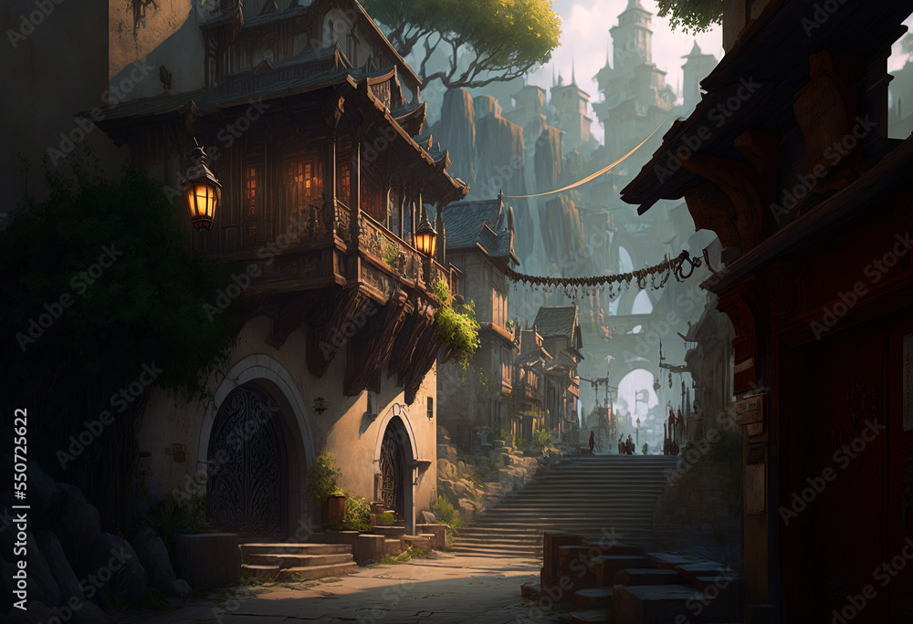 Fantasy medieval city street with medieval buildings, digital concept ...