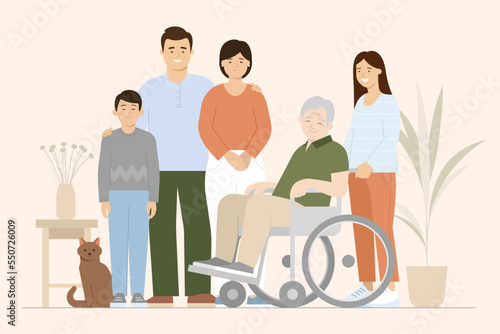 Full length portrait of asian family with children, mother, father, grandfather sitting in wheelchair, and cat. Flat vector illustration isolated