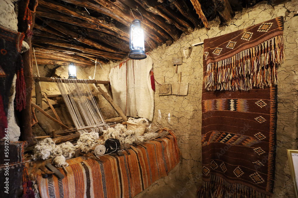 old traditional crafts in old arab mud house interior- Al Malad heritage Museum - Al Baha , Saudi Arabia