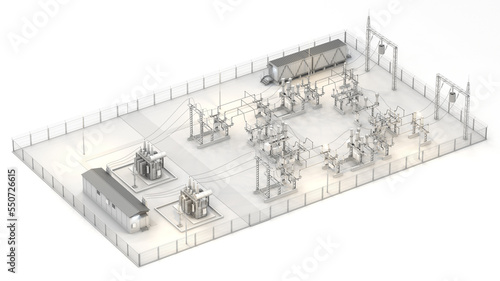 Electrical distribution substation with transformers isolated on white background. Industrial energy in isometry. 3d render