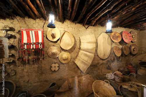 old traditional crafts in old arab mud house interior- Al Malad heritage Museum - Al Baha , Saudi Arabia photo