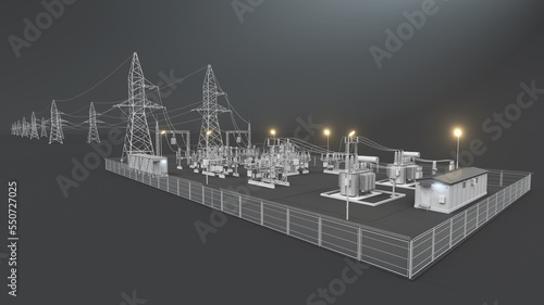 Electrical distribution substation with power lines and transformers on a dark background. 3d render photo