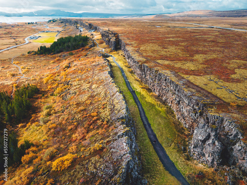 Aerial view of Thingvellir National Park, where two tectonic plates meet  photo