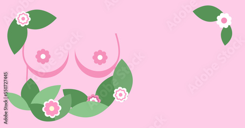 breasts illustration, breast cancer awareness month, vector illustration of breasts with flowers and green leaves, pink background, copy space on the right, women's health horizontal banner