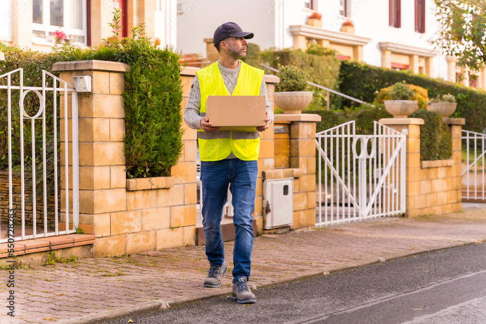 Package delivery driver from an online store, with a box in hand looking for the house
