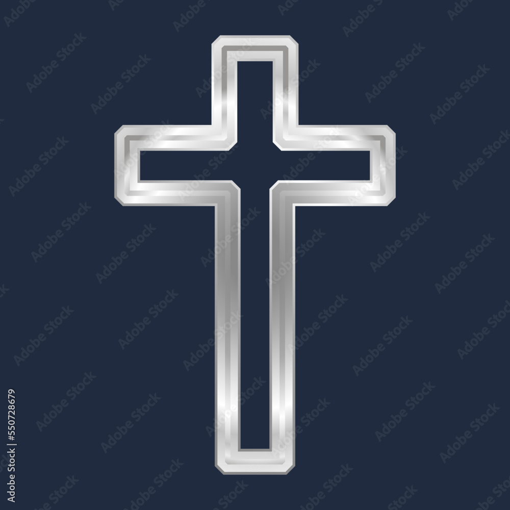 Silver Christian cross. Religious design template, a symbol of faith. Realistic illustration isolated on dark blue background