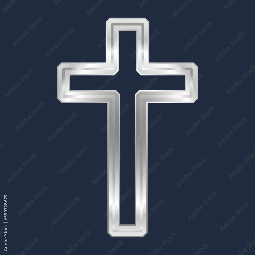 Silver Christian cross. Religious design template, a symbol of faith. Realistic illustration isolated on dark blue background Silver Christian cross. Religious design template, a symbol of faith. Realistic illustration isolated on dark blue background