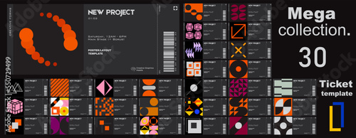 Mega collection.
Ticket vector template layout with abstract  vector geometric shapes. Brutalism inspired graphics. Great for branding presentation, poster, cover, art, tickets, prints, etc.