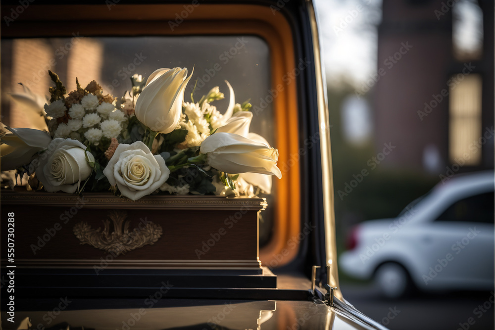 Funeral flowers white roses and lilies inside a hearse at a funeral on a beautiful yet sad day - obrazy, fototapety, plakaty 