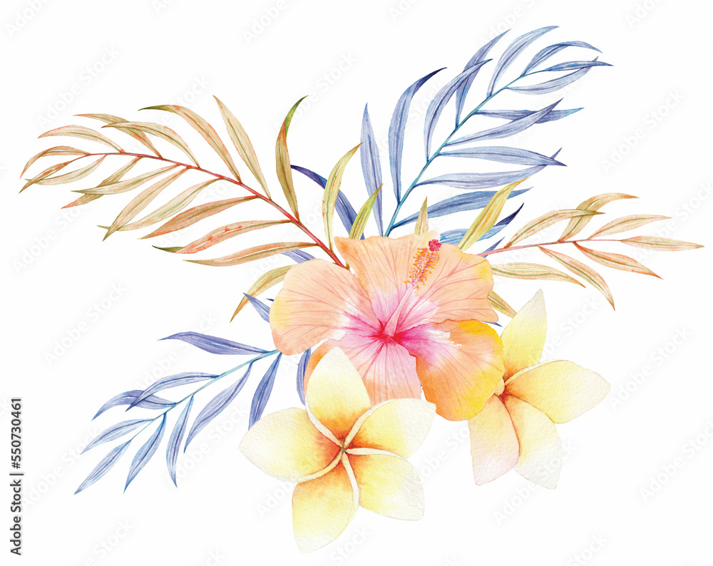 Tropical tender Palm leaf Frangipani Plumeria hibiscus Golden blue Wedding Invitation Tropical tender Palm leaf Frangipani Plumeria hibiscus Golden blue Wedding Invitation