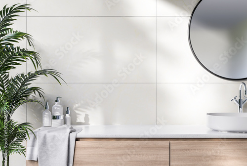 Close up view of empty modern contemporary sink counter in the bath room for copy space 3d render There are wooden counter and white tile wall decorated with white palm tree photo