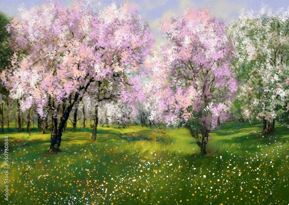 Paintings landscape, spring, tree in bloom, blooming tree in spring. Artwork, fine art Paintings landscape, spring, tree in bloom, blooming tree in spring. Artwork, fine art