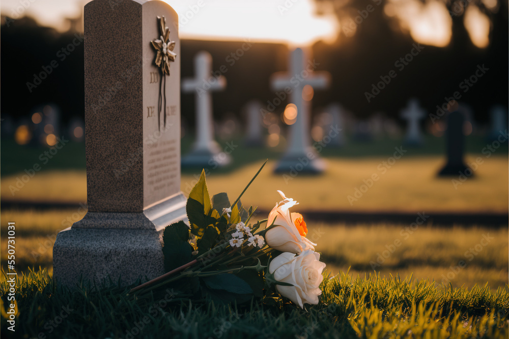 Funeral flowers white roses and lilies lie on the green pasture of a cemetery on a beautiful day during golden hour - obrazy, fototapety, plakaty 