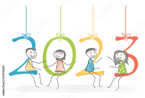 Characters on the numbers of the year 2023 celebrate wish a happy new year