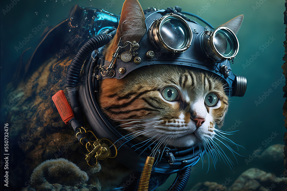 cat fishing, kitty Cat in scuba gear, funny cat swimming