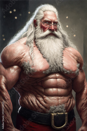 Muscular Santa Claus/Father Christmas with a full beard wearing glasses stood against a gray backdrop.