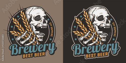 Beer emblem with skull and barley. Skeleton with barley in bone hands for brewery or bar. Craft beer vector logo for colored design label of pub and beer factory