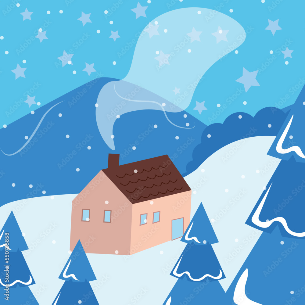 Winter Christmas card Happy New Year. Snow, house with smoke from the fireplace, starry sky, snowflakes, Christmas tree