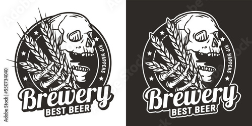 Beer emblem with skull and barley. Skeleton with barley in bone hands for brewery or bar. Craft beer vector logo for monochrome design label of pub and beer factory