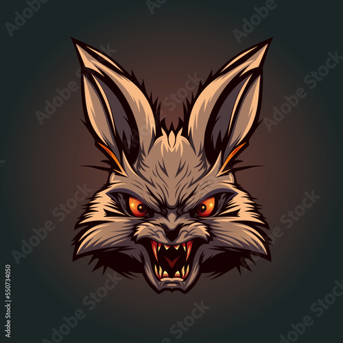 Raging aggressive rabbit with burning eyes and bloodied teeth. Color logo, flat style, 2d vector illustration