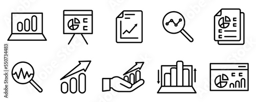 Conjunto de iconos de análisis de datos. Concepto de crecimiento de ventas, ganancias. Estadísticas de negocio empresarial. Ilustración vectorial