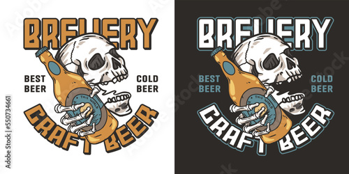 Skeleton with beer bottle in bone hand for design of label or poster. Brewery emblem, craft beer vector logo or print for pub, bar or beer store