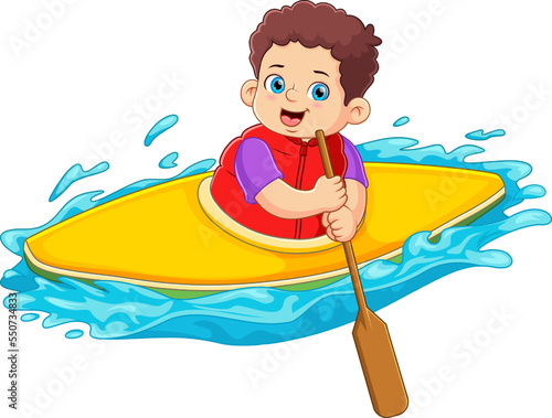 A boy kayak adventure using holding paddle