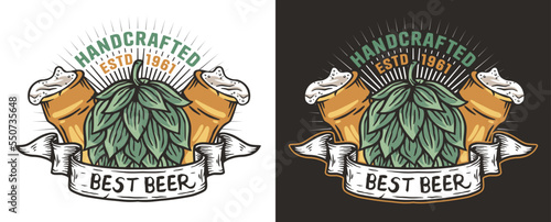 Fotografie, Obraz Beer print or emblem with bottles and hop for bar or pub