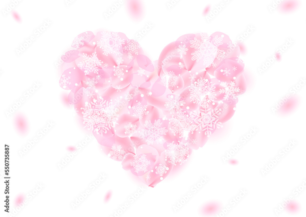 ピンク色の花びらと雪の結晶で形作られたハート