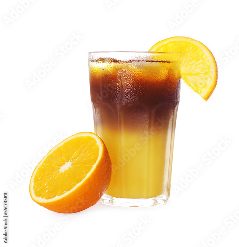 Tasty refreshing drink with coffee and orange juice on white background