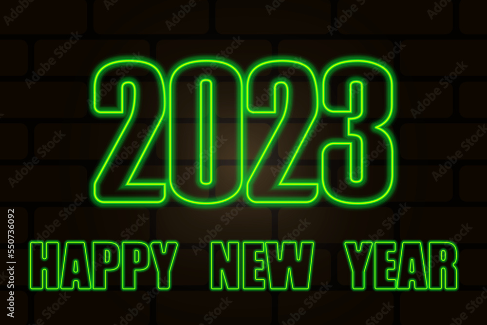 neon 2023 year. Neon color, black background. Neon font. Text:2023. Vector illustration. Stock image.