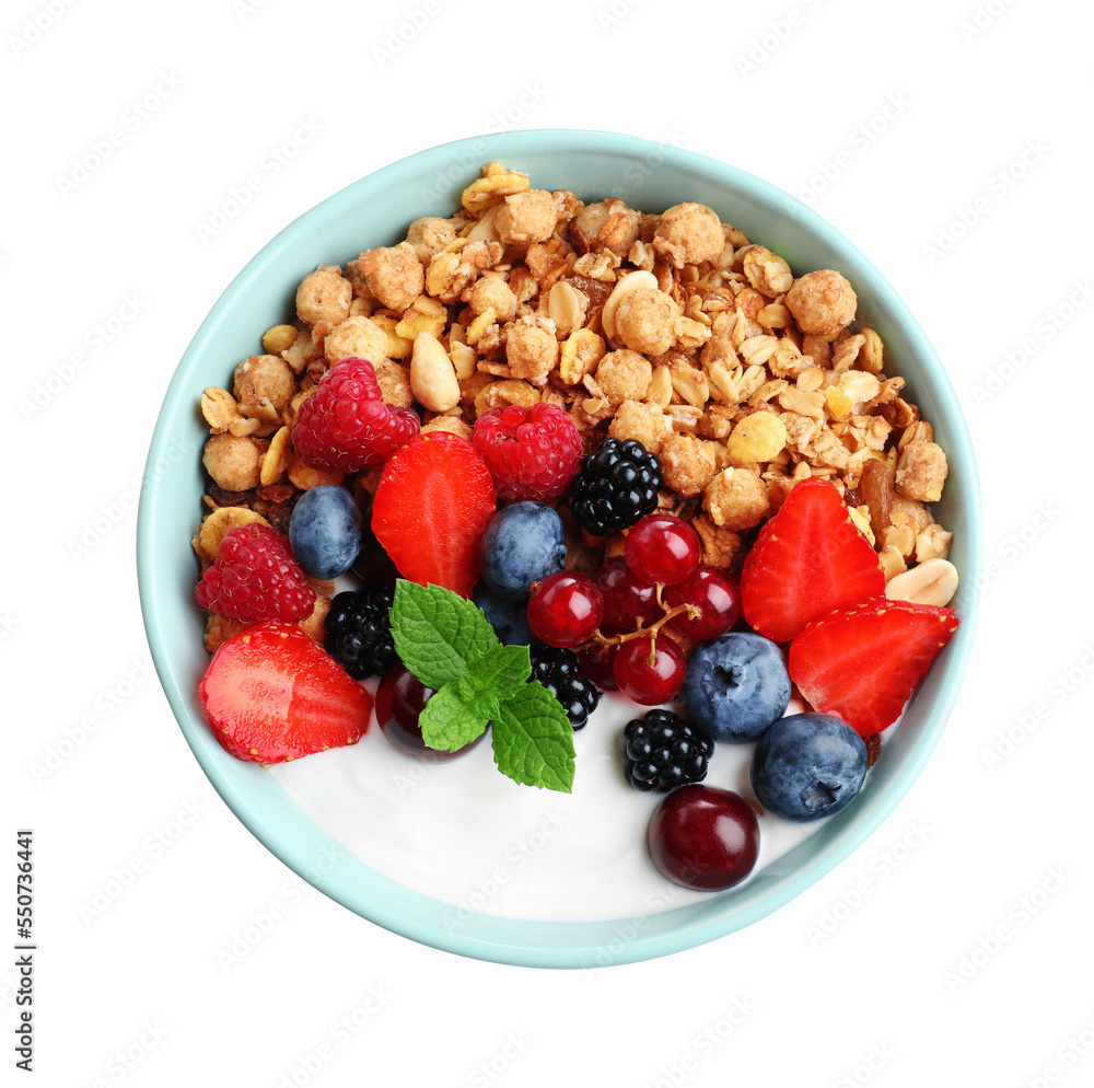 Tasty granola with berries on white background. Healthy meal Tasty granola with berries on white background. Healthy meal