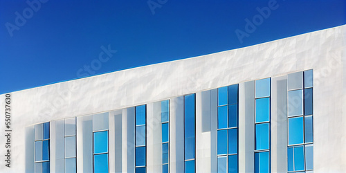 Facade of a white modern building under a blue clear sky.