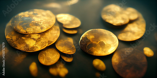 Treasure of golden coins in the ground. Search for ancient treasures. Close-up