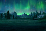 Mountain forest at the northern lights landscape nature background