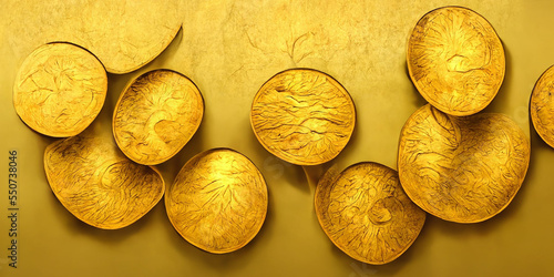 Treasure of golden coins in the ground. Search for ancient treasures. Close-up