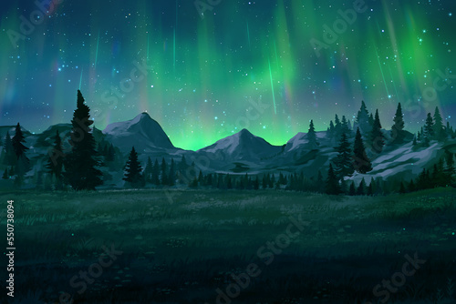 Mountain forest at the northern lights landscape nature background